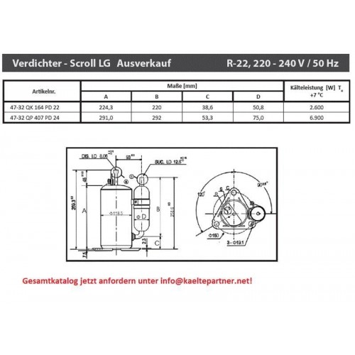 Rotationskompressor LG QP407PD24, R22, 220-240V, 50Hz, 23600 Btu/h - nicht lieferbar, ersetzt durch Nachfolger Rotationskompressor LG QP407PD24, R22, 220-240V, 50Hz, 23600 Btu/h - nicht lieferbar, ersetzt durch Nachfolger