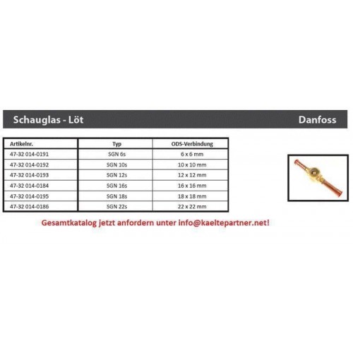 Schauglas Danfoss SGN 12s, 12 mm ODF, Lötanschlüsse