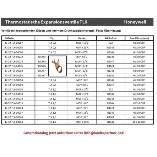 Thermostatisches Expansionsventil Honeywell, TLK- 0,7; R134a, MOP +10°C Thermostatisches Expansionsventil Honeywell, TLK- 0,7; R134a, MOP +10°C