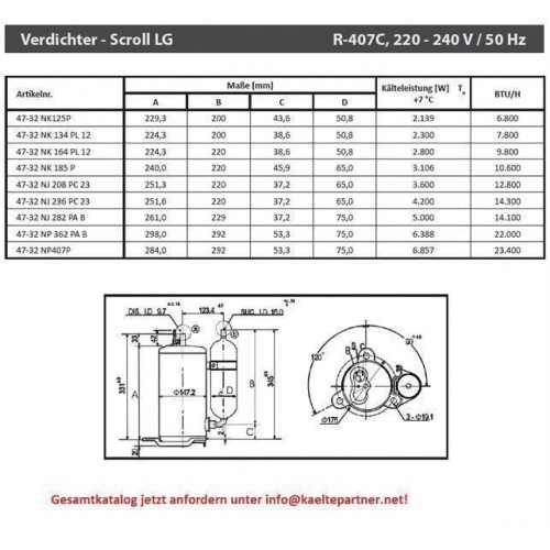 Rotationskompressor LG NP407PAA, R407C, 220-240V, 50Hz, 23400 Btu/h - nicht lieferbar, ersetzt durch Nachfolger Rotationskompressor LG NP407PAA, R407C, 220-240V, 50Hz, 23400 Btu/h - nicht lieferbar, ersetzt durch Nachfolger