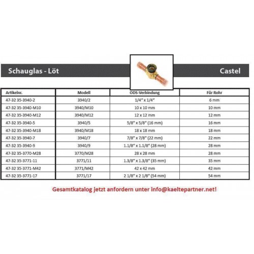 Schauglas Castel 3940/9, 28 mm ODS (1.1/8") Lötanschlüsse Schauglas Castel 3940/9, 28 mm ODS (1.1/8") Lötanschlüsse