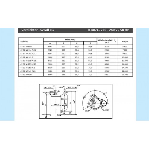 Rotationskompressor LG NK185P, R407C, 220-240V/50 Hz, 10 600 Btu/h - nicht lieferbar, ersetzt durch Nachfolger Rotationskompressor LG NK185P, R407C, 220-240V/50 Hz, 10 600 Btu/h - nicht lieferbar, ersetzt durch Nachfolger